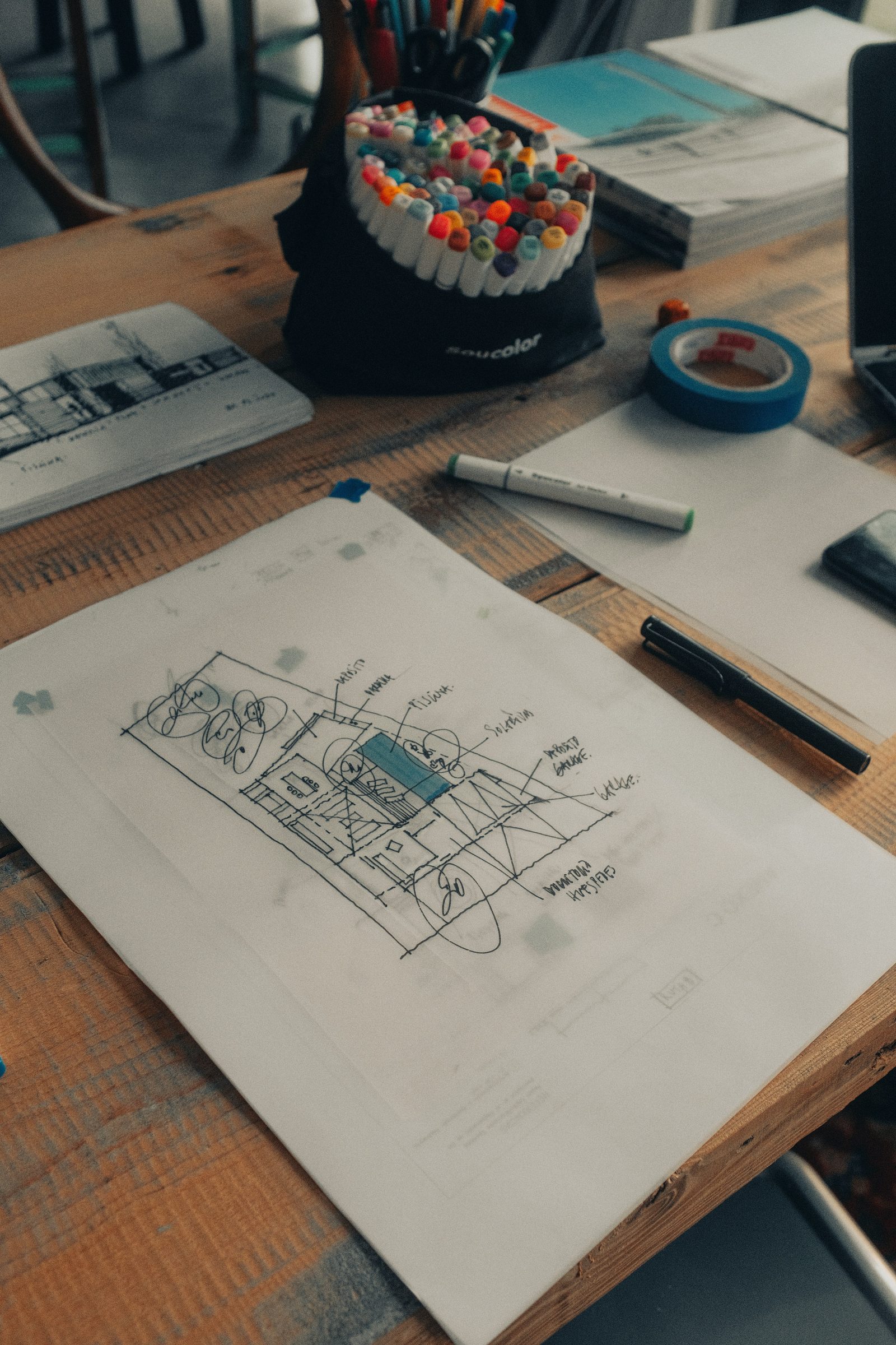 A pencil sketch of a building elevation on a wooden desk